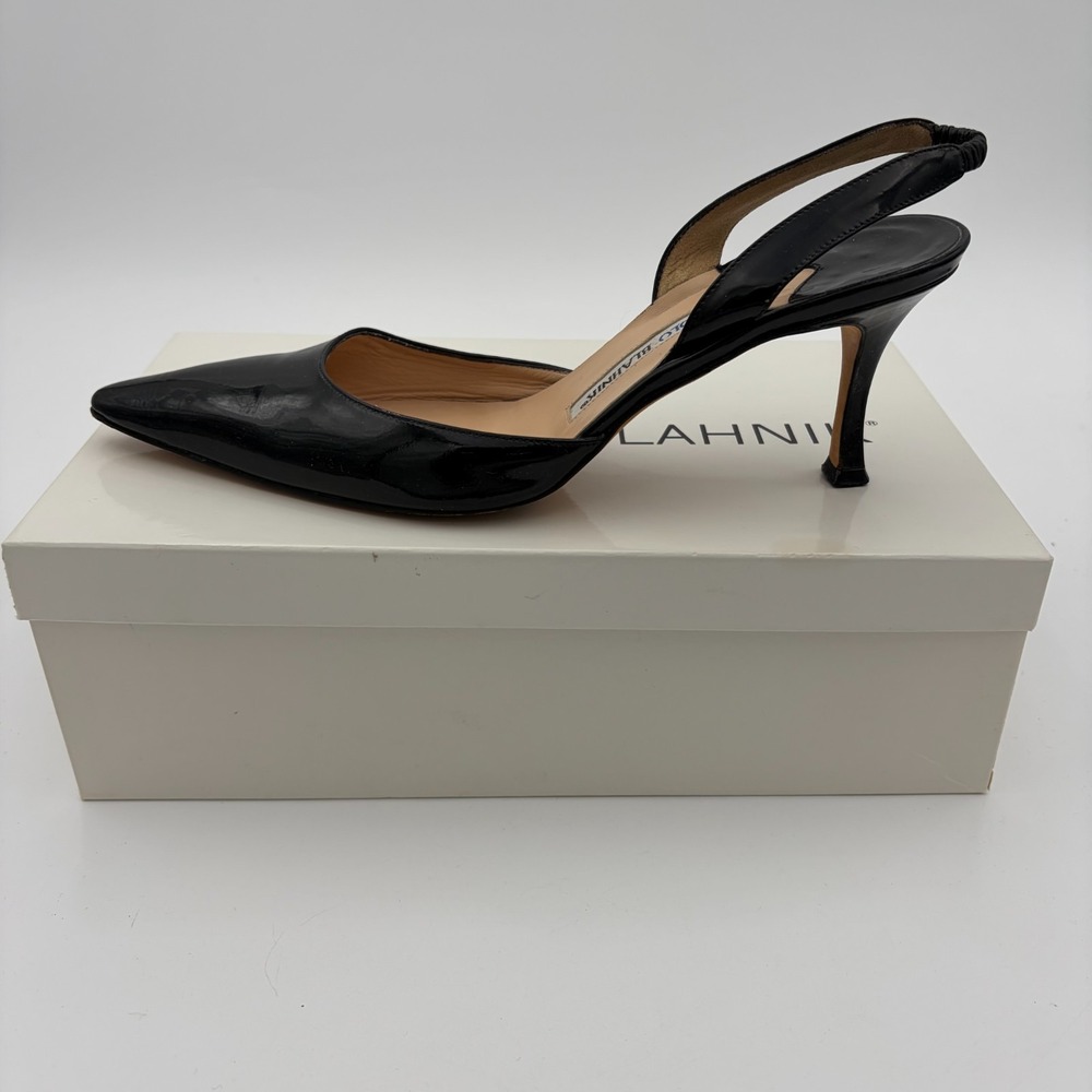 Manolo Blahnik Carolyne Slingback Black Kitten Pumps 37.5